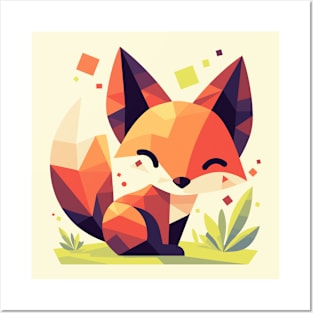 Geometrical Colorful Fox. Adorable Mosaic Cute Kawaii Simple Animal Posters and Art